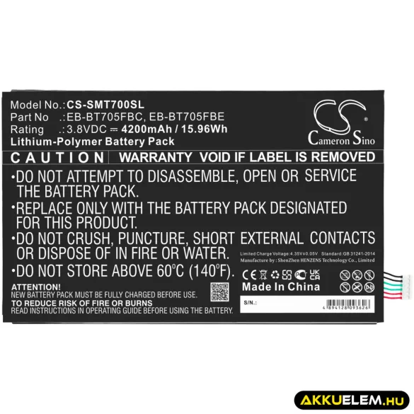 Utángyártott Samsung Tablet Li-Polymer akkumulátor 3.8V 4200mAh EB-BT705FBC, EB-BT705FBU - CameronSino