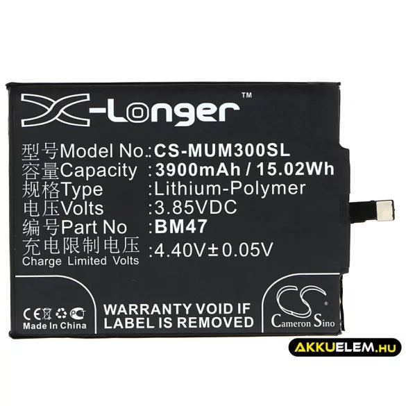 Utángyártott Xiaomi mobil Li-Polymer akkumulátor 3.85V 3900mAh BM47 - CameronSino