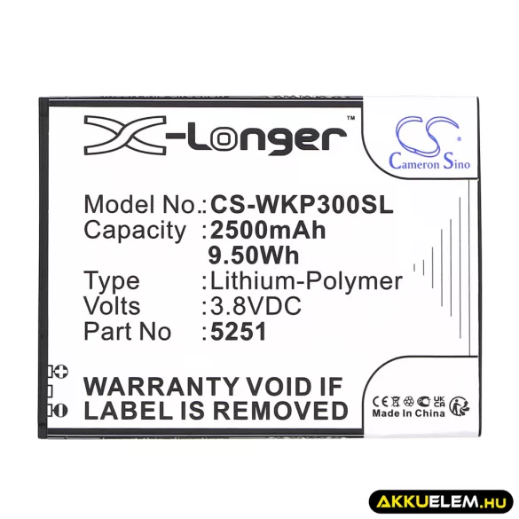 Utángyártott Wiko mobil Li-Polymer akkumulátor 3.8V 2500mAh 5251, S104-V02000-012 - CameronSino