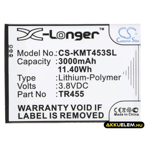 Utángyártott KAZAM mobil Li-Polymer akkumulátor 3.8V 3000mAh TR455, TR455-VKVCD0004151 - CameronSino