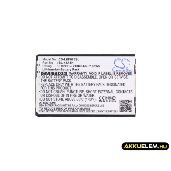 Utángyártott LG mobil Li-ion akkumulátor 3.8V 2100mAh BL-45A1H, EAC63158301 - CameronSino