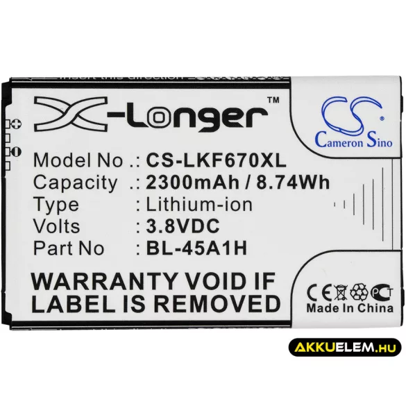 Utángyártott LG mobil Li-ion akkumulátor 3.8V 2300mAh BL-45A1H, EAC63158301 - CameronSino