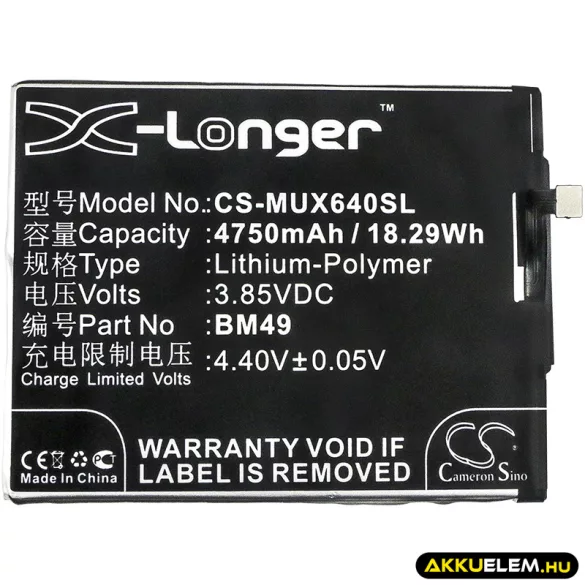 Utángyártott Xiaomi mobil Li-Polymer akkumulátor 3.85V 4750mAh BM49 - CameronSino