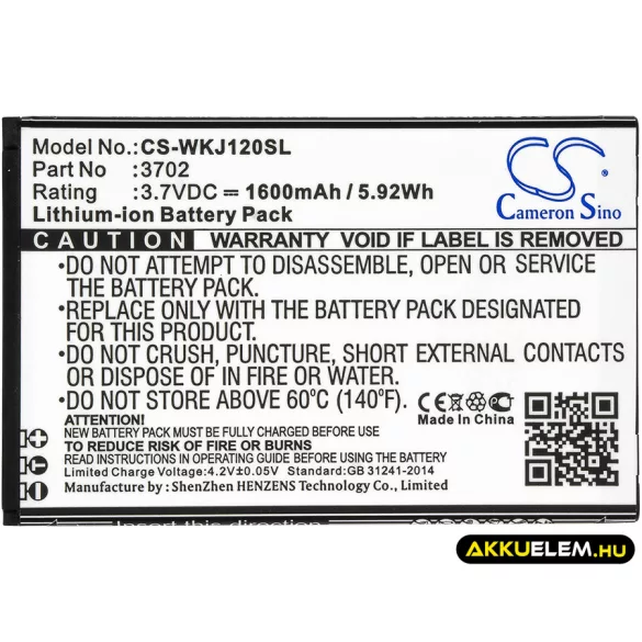 Utángyártott Wiko mobil Li-ion akkumulátor 3.7V 1600mAh 3702 - CameronSino