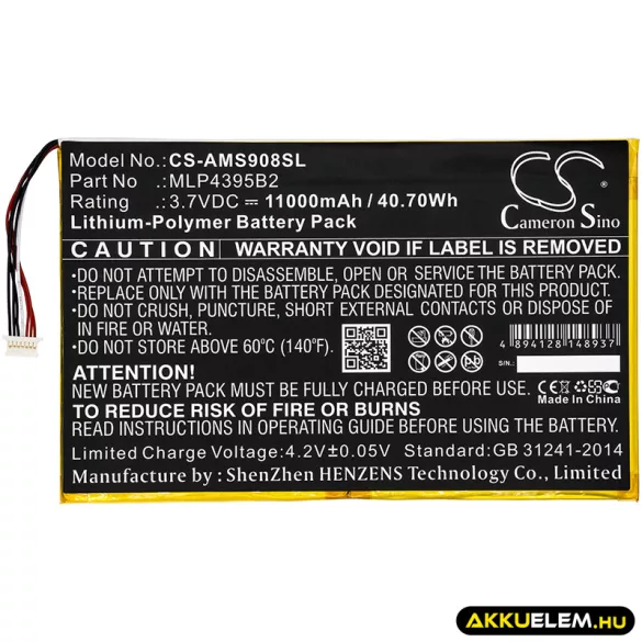 Utángyártott Autel diagnosztikai Li-Polymer akkumulátor 3.7V 11000mAh MLP4395B2, MLP4795117-2P - CameronSino