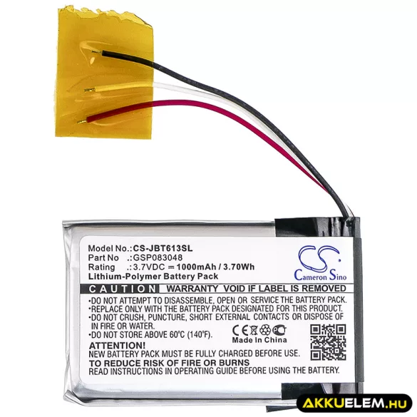 Utángyártott JBL hangszóró Li-Polymer akkumulátor 3.7V 1000mAh GSP083048 - CameronSino