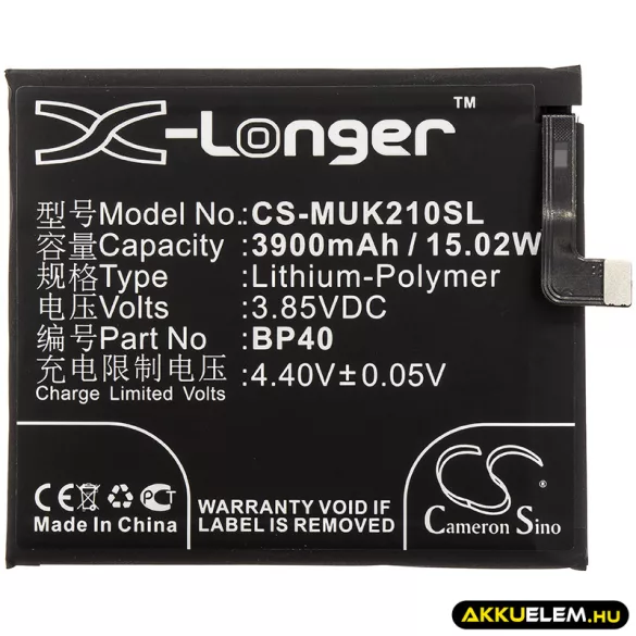 Utángyártott Xiaomi mobil Li-Polymer akkumulátor 3.85V 3900mAh BP40 - CameronSino