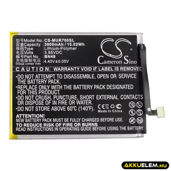 Utángyártott Redmi mobil Li-Polymer akkumulátor 3.85V 3900mAh BN49 - CameronSino