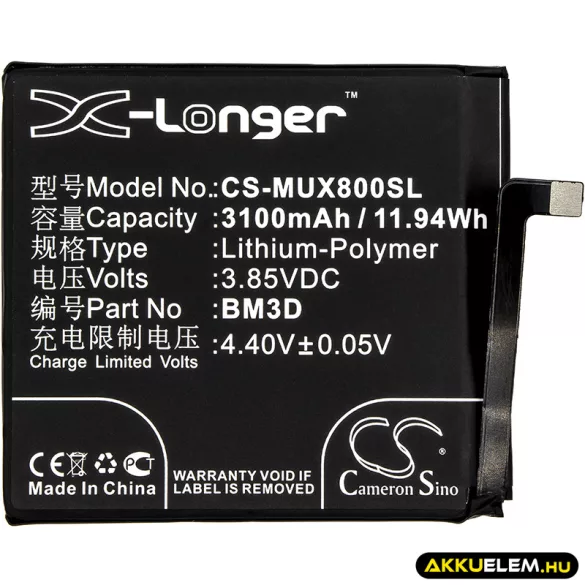 Utángyártott Xiaomi mobil Li-Polymer akkumulátor 3.85V 3100mAh BM3D - CameronSino