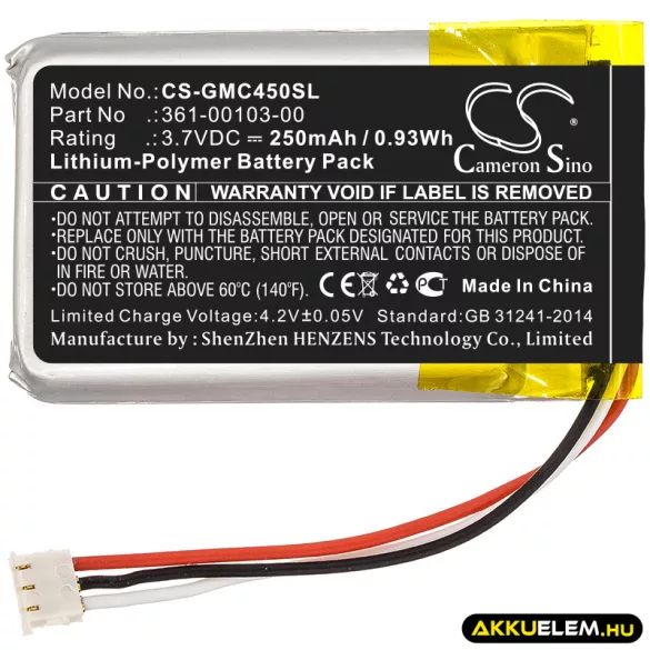 Utángyártott Garmin Műszerfali kamera Li-Polymer akkumulátor 3.7V 250mAh 361-00103-00, 361-00103-01 - CameronSino