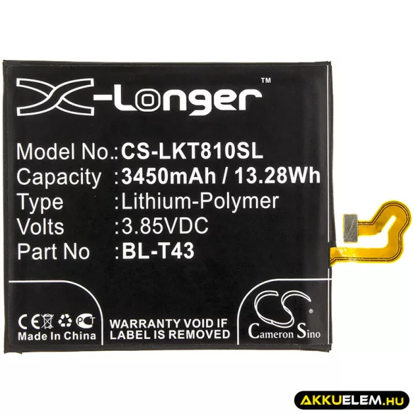 Utángyártott LG mobil Li-Polymer akkumulátor 3.85V 3450mAh BL-T43, EAC64518901 - CameronSino