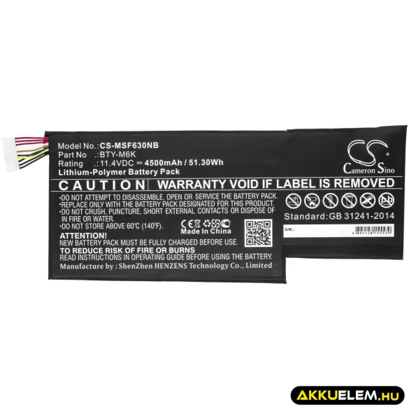 Utángyártott MSI laptop Li-Polymer akkumulátor 11.4V 4500mAh BTY-M6K - CameronSino