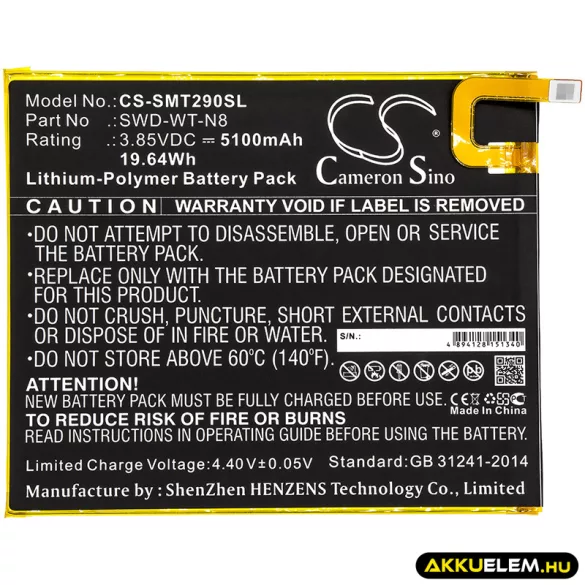 Utángyártott Samsung Tablet Li-Polymer akkumulátor 3.85V 5100mAh SWD-WT-N8 - CameronSino