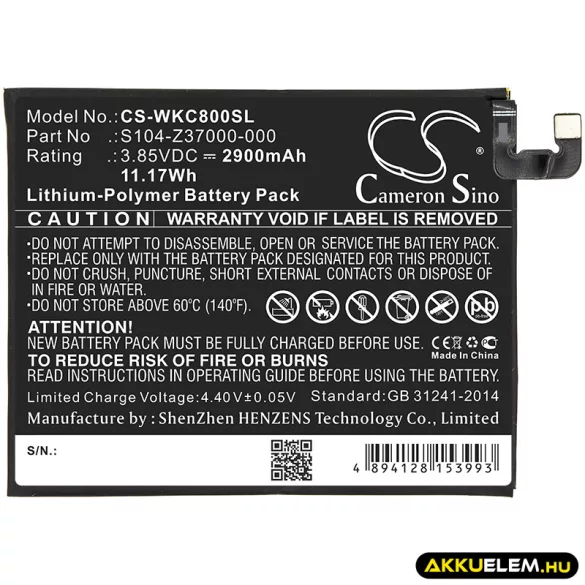 Utángyártott Wiko mobil Li-Polymer akkumulátor 3.85V 2900mAh S104-Z37000-000, TLE1707 - CameronSino