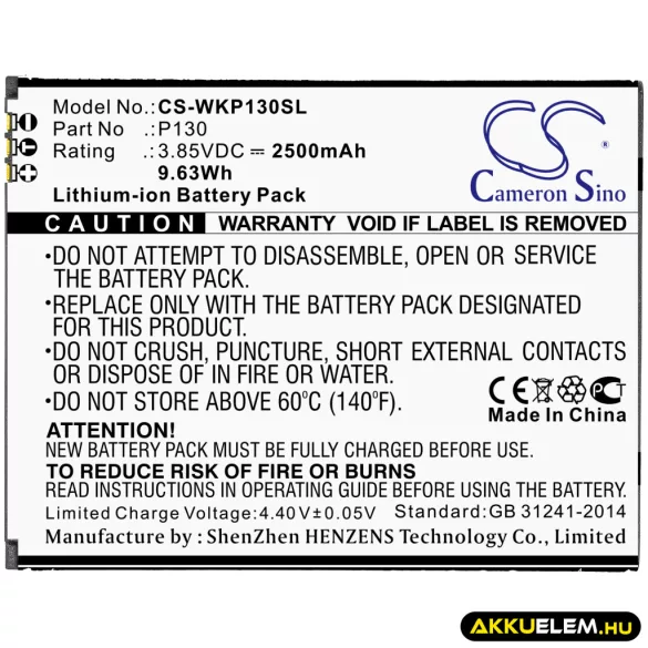 Utángyártott Wiko mobil Li-ion akkumulátor 3.85V 2500mAh P130 - CameronSino