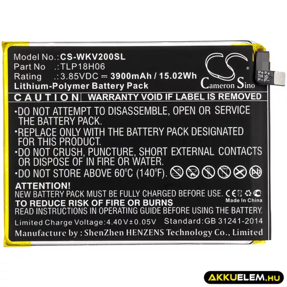 Utángyártott Wiko mobil Li-Polymer akkumulátor 3.85V 3900mAh TLP18H06 - CameronSino