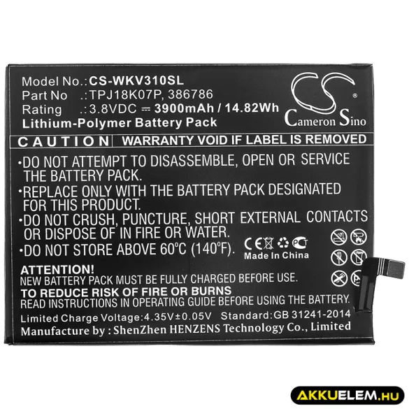 Utángyártott Wiko mobil Li-Polymer akkumulátor 3.8V 3900mAh TPJ18K07P, 386786 - CameronSino