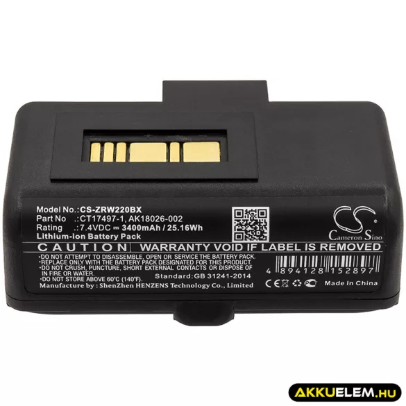 Utángyártott Zebra Hordozható nyomtató Li-ion akkumulátor 7.4V 3400mAh CT17497-1, AK18026-002 - CameronSino