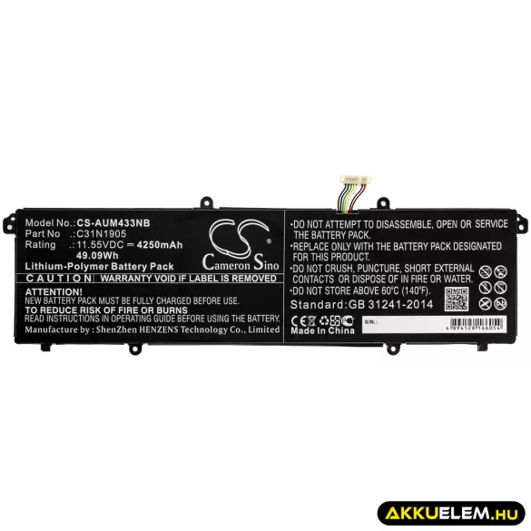 Utángyártott Asus laptop Li-Polymer akkumulátor 11.55V 4250mAh C31N1905, 0B200-03580200 - CameronSino