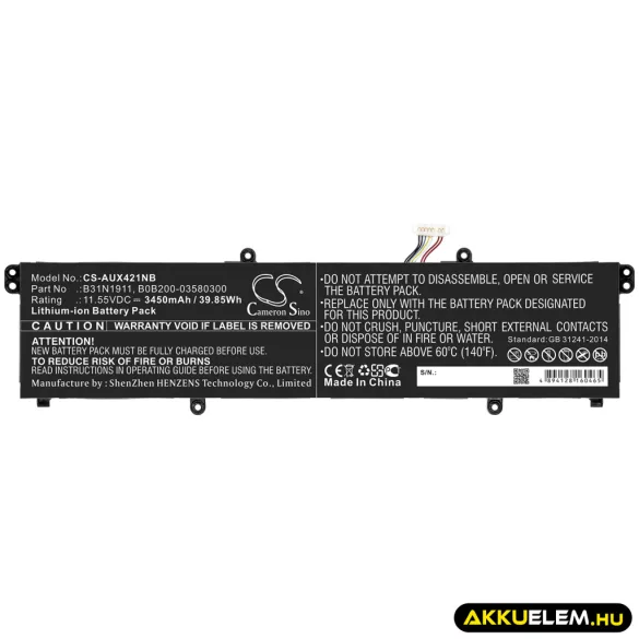Utángyártott Asus laptop Li-ion akkumulátor 11.55V 3450mAh B31N1911, B0B200-03580300 - CameronSino