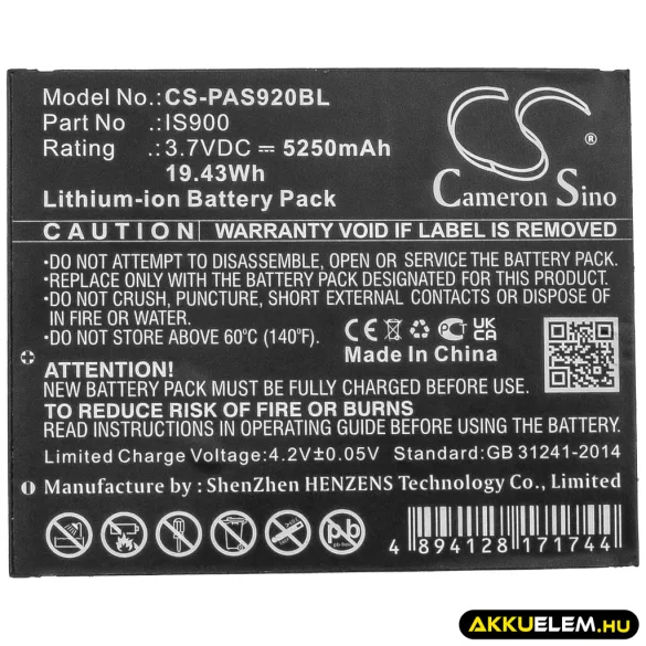 Utángyártott Pax Fizetési terminál Li-ion akkumulátor 3.7V 5250mAh IS900 - CameronSino