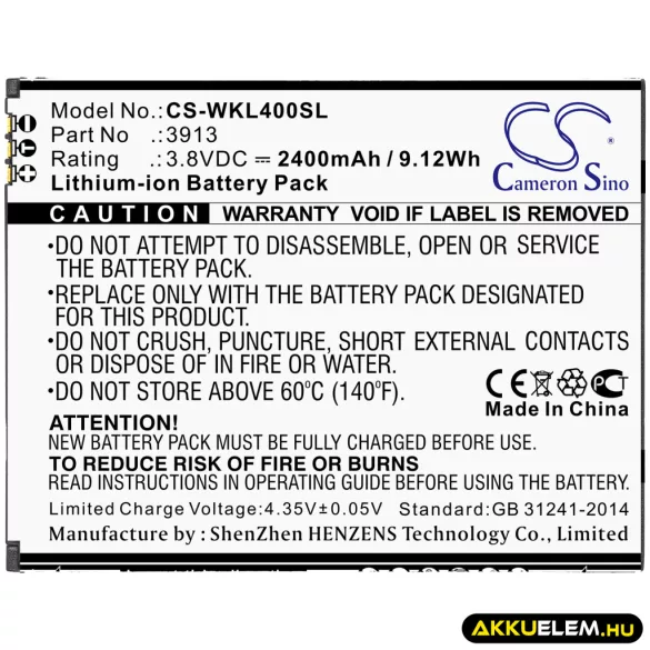 Utángyártott Wiko mobil Li-ion akkumulátor 3.8V 2400mAh 3913 - CameronSino