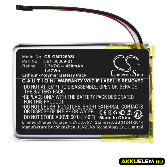 Utángyártott Garmin Kutyanyakörv Li-Polymer akkumulátor 3.7V 450mAh 361-00069-01, 010-11925-00 - CameronSino