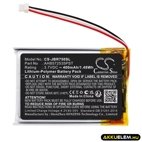 Utángyártott Jabra Vezeték nélküli fejhallgató Li-Polymer akkumulátor 3.7V 400mAh AHB572535PST - CameronSino