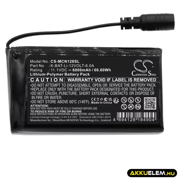 Utángyártott Macna fűtött ruha Li-Polymer akkumulátor 11.1V 6000mAh K-BAT-Li-12VOLT-6.0A - CameronSino