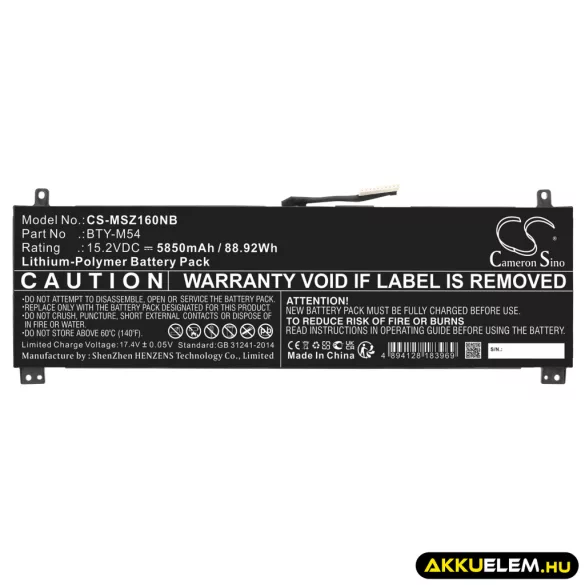 Utángyártott MSI laptop Li-Polymer akkumulátor 15.2V 5850mAh BTY-M54 - CameronSino
