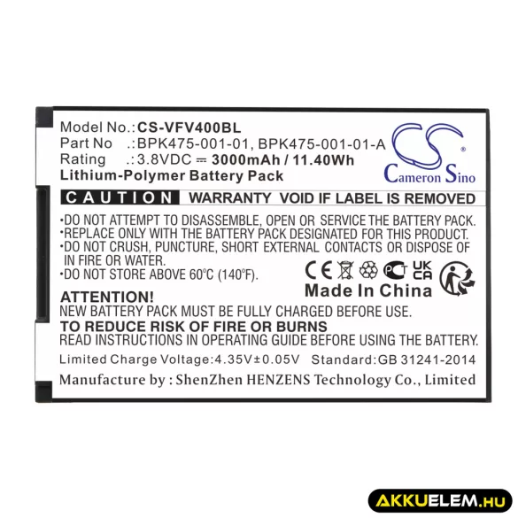 Utángyártott VeriFone Fizetési terminál Li-Polymer akkumulátor 3.8V 3000mAh BPK475-001-01, BPK475-001-01-A - CameronSino