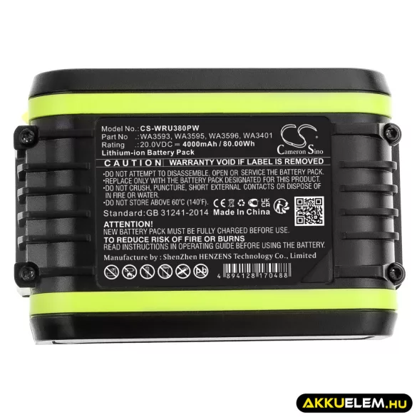 Utángyártott Worx szerszámgép Li-ion akkumulátor 20V 4000mAh WA3593, WA3595 - CameronSino
