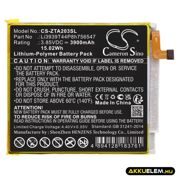 Utángyártott ZTE mobil Li-Polymer akkumulátor 3.85V 3900mAh Li3939T44P8h756547 Az Axon 10 Pro 2019, 2020, 2021, 2022 verzióhoz - CameronSino