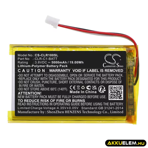 Utángyártott ClareOne okosotthon készülék Li-Polymer akkumulátor 3.8V 5000mAh CLR-C1-BATT - CameronSino