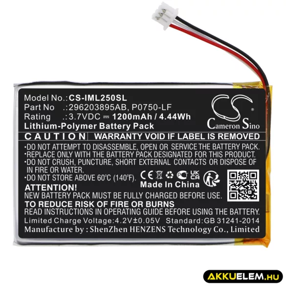 Utángyártott Ingenico Fizetési terminál Li-Polymer akkumulátor 3.7V 1200mAh 296203895AB, P0750-LF - CameronSino