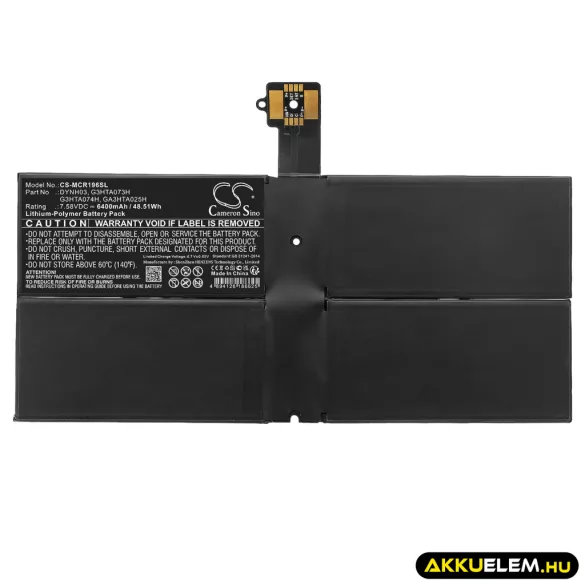 Utángyártott Microsoft Tablet Li-Polymer akkumulátor 7.58V 6400mAh DYNH03, G3HTA073H - CameronSino