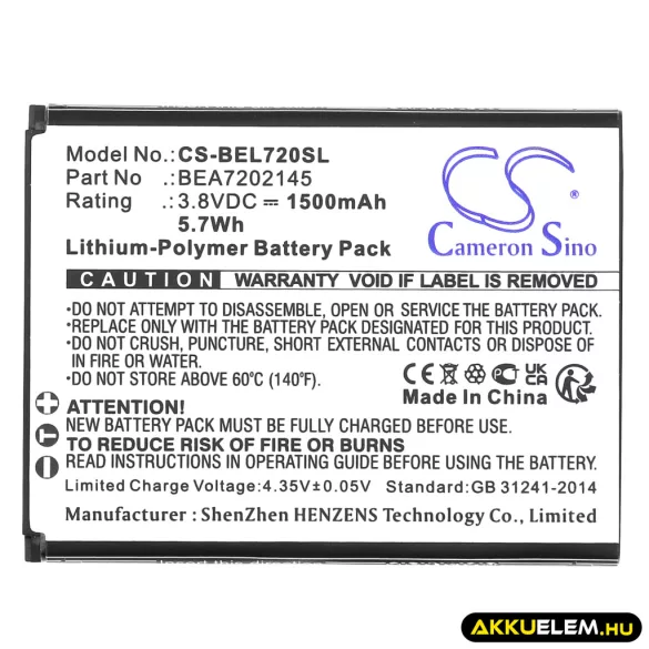Utángyártott Bea-fon mobil Li-Polymer akkumulátor 3.8V 1500mAh BEA7202145, SL720 - CameronSino