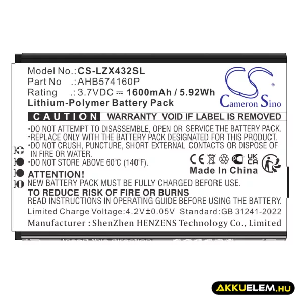 Utángyártott Launch diagnosztikai Li-Polymer akkumulátor 3.7V 1600mAh AHB574160P - CameronSino