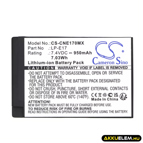 Utángyártott Canon Kamera Li-ion akkumulátor 7.4V 950mAh LP-E17 - CameronSino