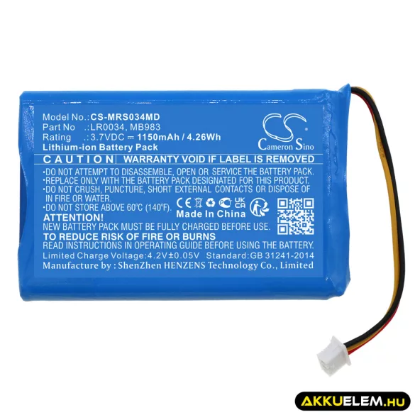 Utángyártott MIR Orvosi Li-ion akkumulátor 3.7V 1150mAh LR0034, MB983 - CameronSino