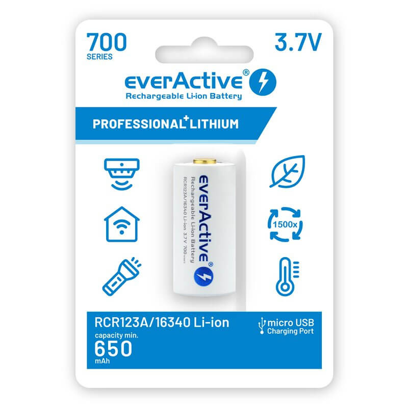 everActive 16340 3,7V 700mAh li-ion akkumulátor micro USB bemenettel