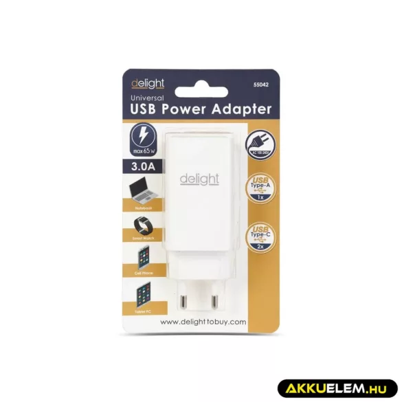 DEL fali töltŐ 2* USB-C +USB-A 20+45W PD3.0