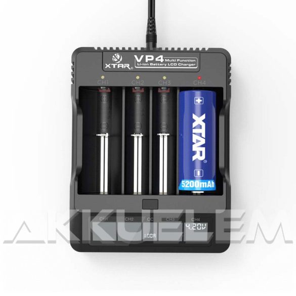XTAR VP4 négy csatornás Li-Ion LCD kijelzős hálózati akkutöltő