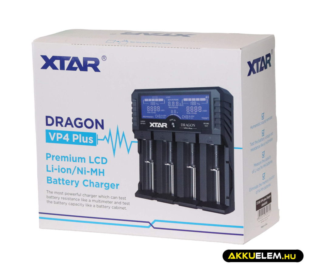 XTAR VP4 Plus Dragon négy csatornás Li-ion/Ni-MH LCD-kijelzős akkumulátor töltő/tesztelő