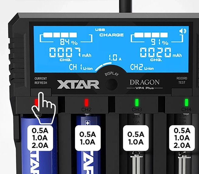 XTAR VP4 Plus Dragon négy csatornás Li-ion/Ni-MH LCD-kijelzős akkumulátor töltő/tesztelő