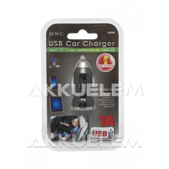 USB autós adapter 1A 5V állapotjelző LED-del 12-24V