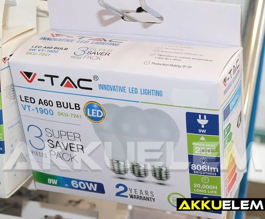 V-TAC E27 9W 806lm 4000K 200 ° LED-izzó 3db-os csomagban
