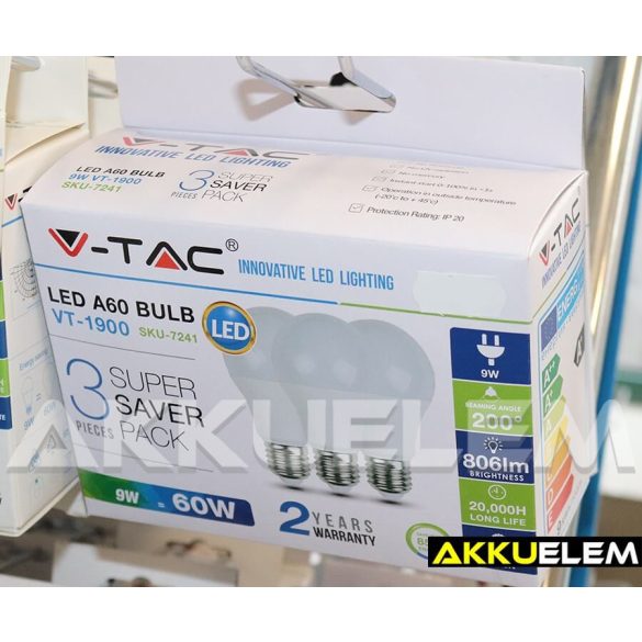 V-TAC E27 9W 806lm 4000K 200 ° LED-izzó 3db-os csomagban