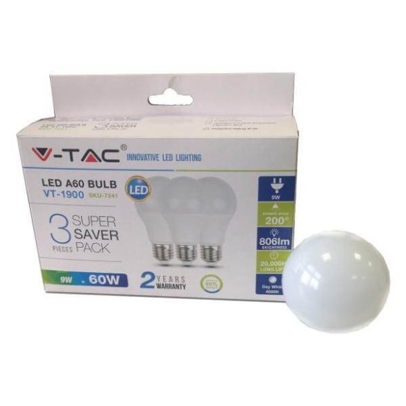 V-TAC E27 9W 806lm 6400K 200 ° LED-izzó 3db-os csomagban