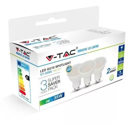   V-TAC GU10 5W 400lm 3000K 110 ° LED-izzó opál 3 db-os csomagban